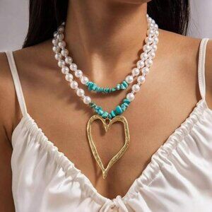 New:::Gold Heart Pendant Necklace with Pearls and Turquoise Beads